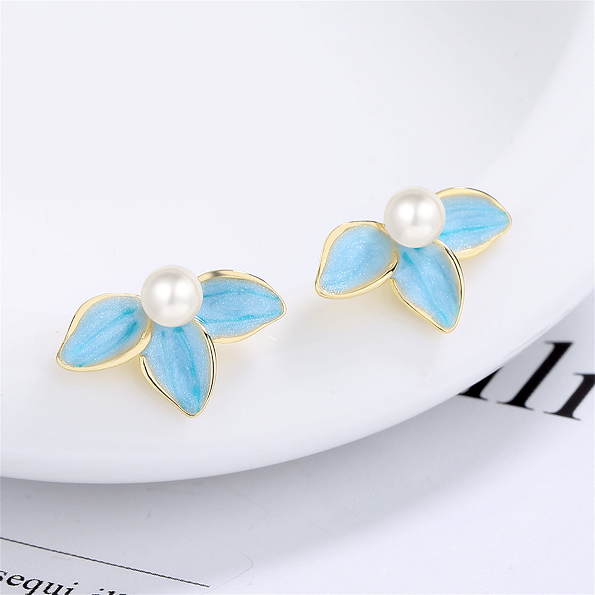 Pearl and Blue Enamel Petals Stud Earrings, stud earrings for women, everyday style, front view