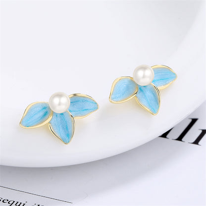 Pearl and Blue Enamel Petals Stud Earrings, stud earrings for women, everyday style, front view