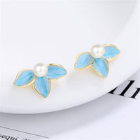 Pearl & Blue Enamel Petals Stud Earrings