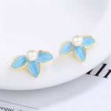Pearl & Blue Enamel Petals Stud Earrings