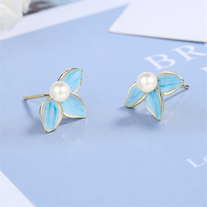Pearl and Blue Enamel Petals Stud Earrings, stud earrings for women, everyday style, detail close-up