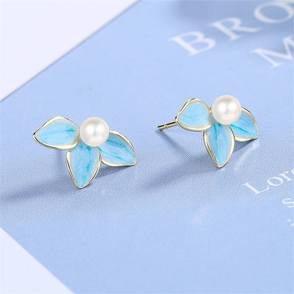Pearl and Blue Enamel Petals Stud Earrings, stud earrings for women, everyday style, lifestyle look