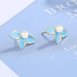 Pearl & Blue Enamel Petals Stud Earrings