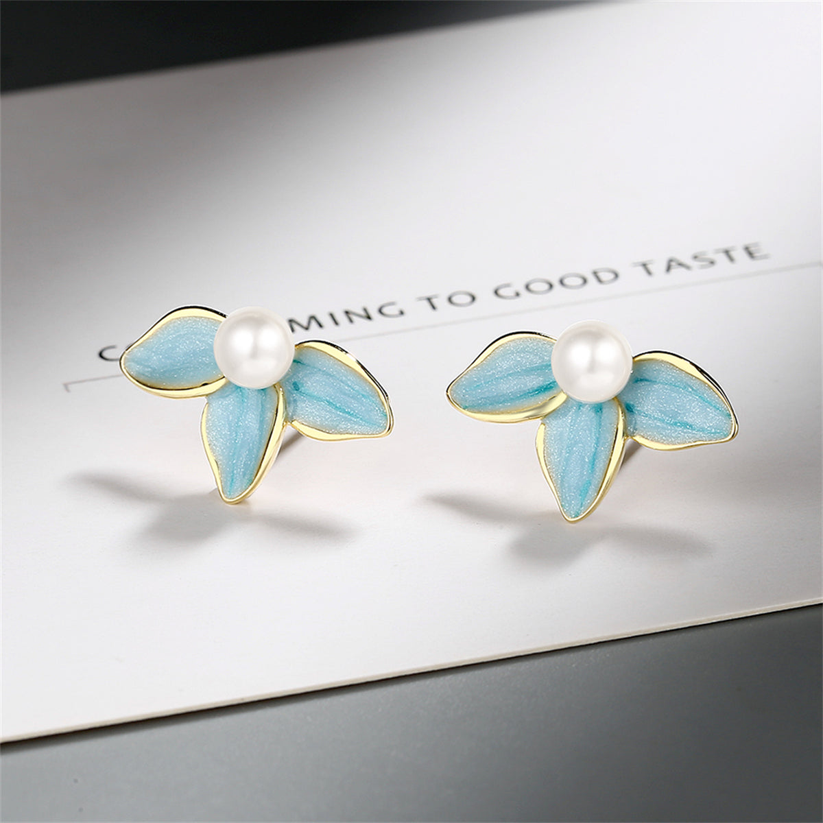 Pearl and Blue Enamel Petals Stud Earrings, stud earrings for women, everyday style, styled look
