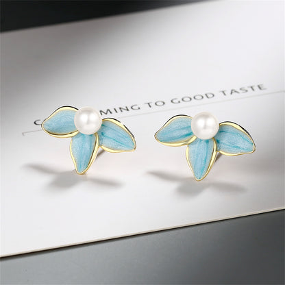 Pearl and Blue Enamel Petals Stud Earrings, stud earrings for women, everyday style, styled look