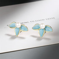 Pearl & Blue Enamel Petals Stud Earrings