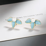 Pearl & Blue Enamel Petals Stud Earrings
