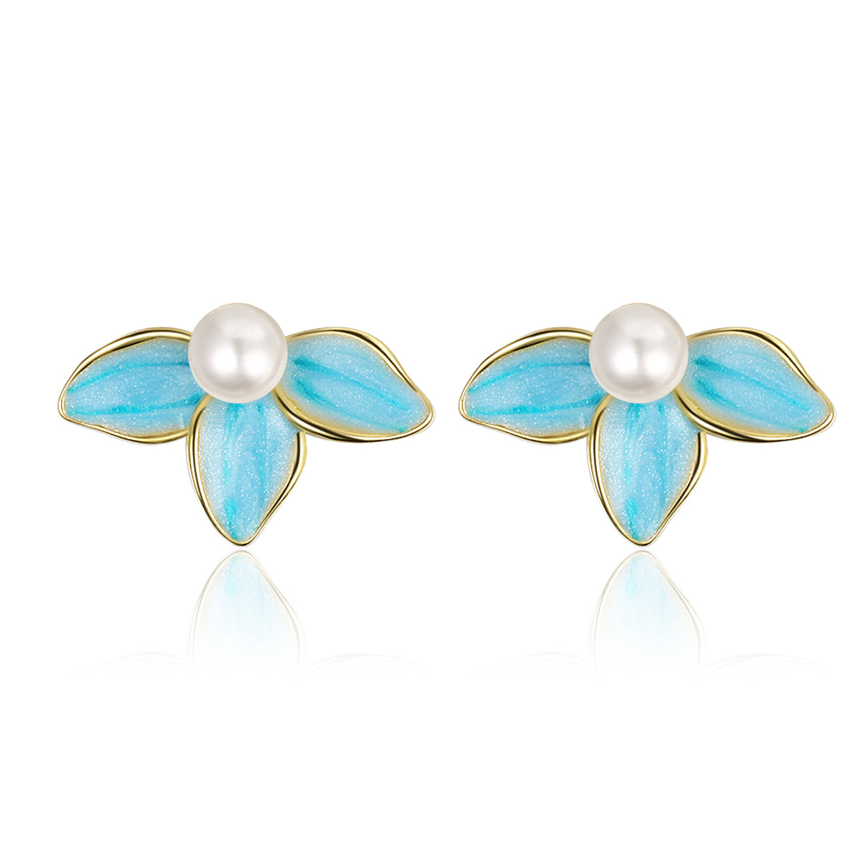 Pearl and Blue Enamel Petals Stud Earrings, stud earrings for women, everyday style, side view
