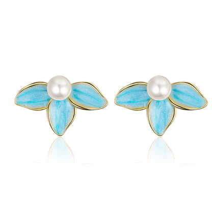 Pearl and Blue Enamel Petals Stud Earrings, stud earrings for women, everyday style, side view