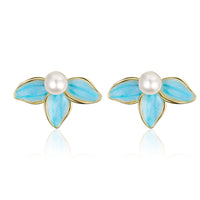 Pearl & Blue Enamel Petals Stud Earrings