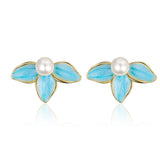 Pearl & Blue Enamel Petals Stud Earrings