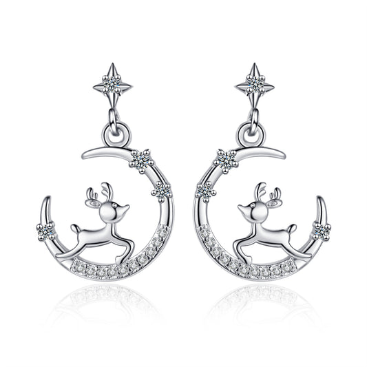 Clear Cubic Zirconia and Silver-Plated Reindeer Moon Drop Earrings, silver drop earrings for women, front view