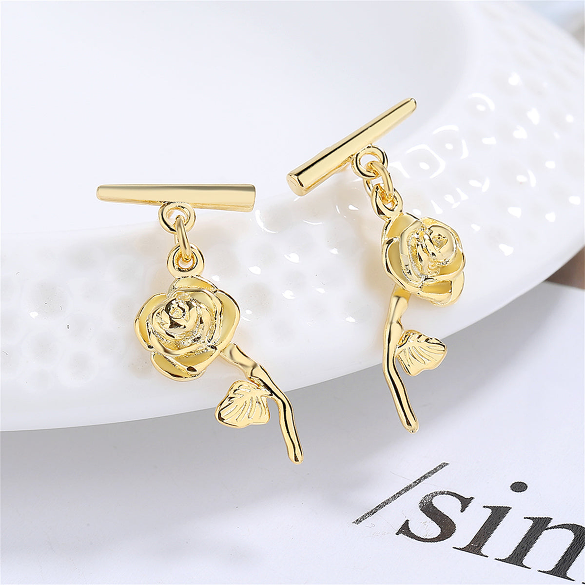 18K Gold-Plated Rose Bar Drop Earrings, gold drop earrings for women, elegant gift for her, front view