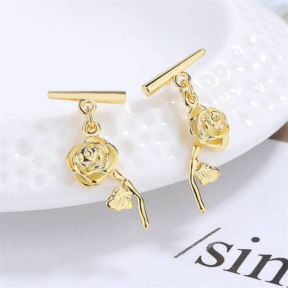 18K Gold-Plated Rose Bar Drop Earrings, gold drop earrings for women, elegant gift for her, front view