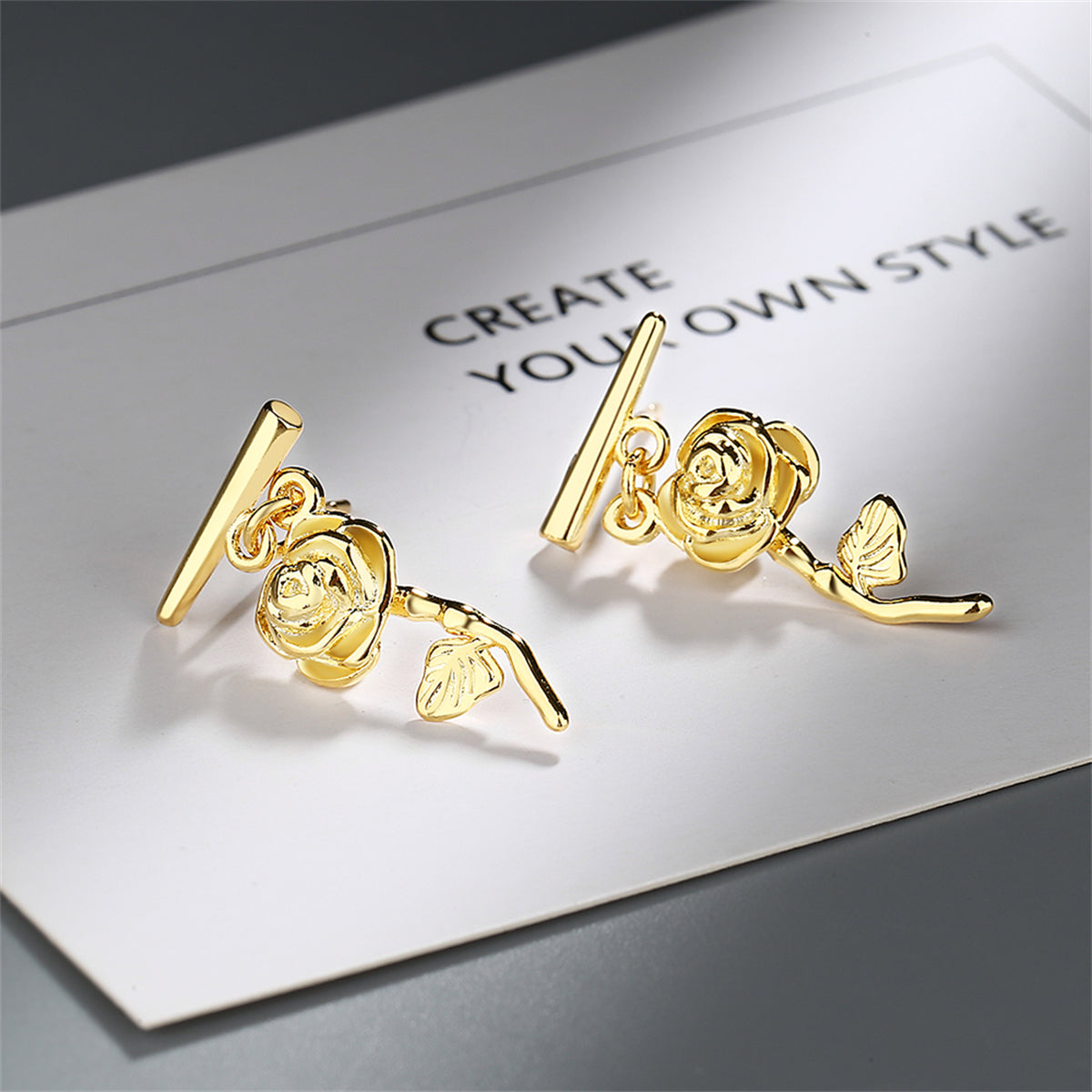 18K Gold-Plated Rose Bar Drop Earrings, gold drop earrings for women, elegant gift for her, side view