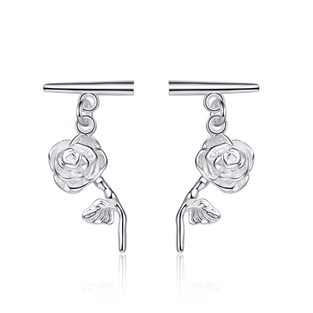 Silver-Plated Rose Bar Drop Earrings, silver drop earrings for women, everyday style, front view