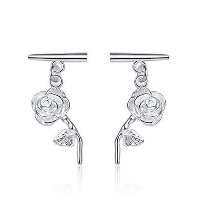 Silver-Plated Rose Bar Drop Earrings, silver drop earrings for women, everyday style, front view