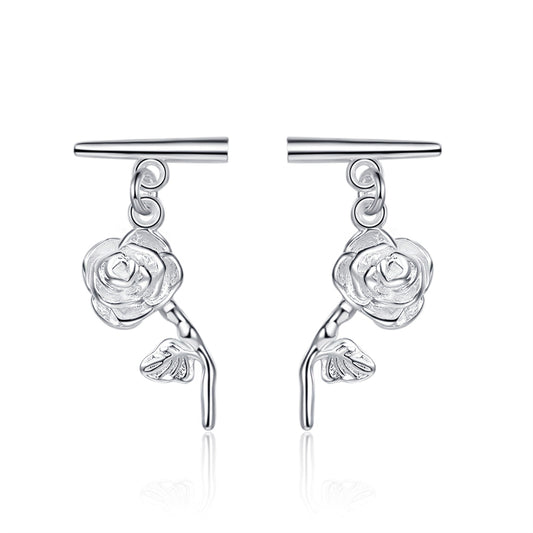 Silver-Plated Rose Bar Drop Earrings, silver drop earrings for women, everyday style, front view