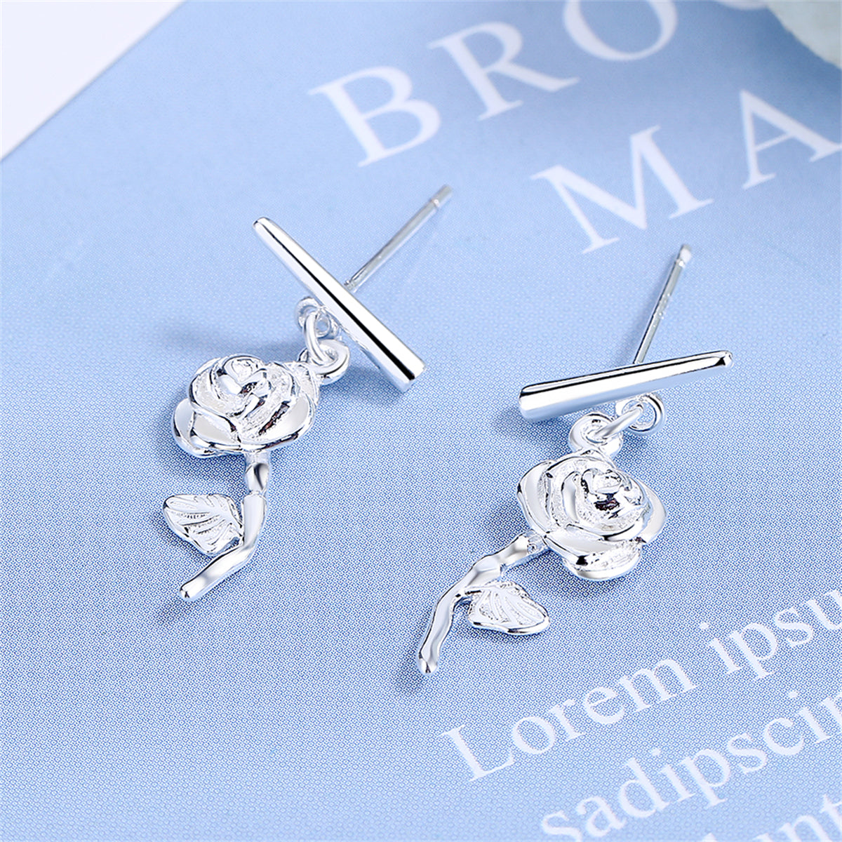 Silver-Plated Rose Bar Drop Earrings