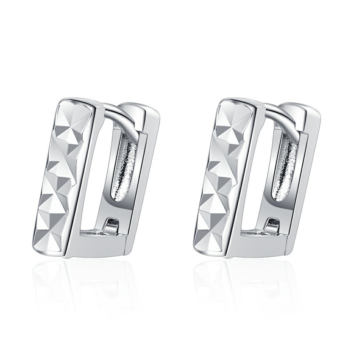 Silver-Plated Diamond-Cut Open Square Huggie Earrings, silver huggie earrings, botanical inspired, styled look