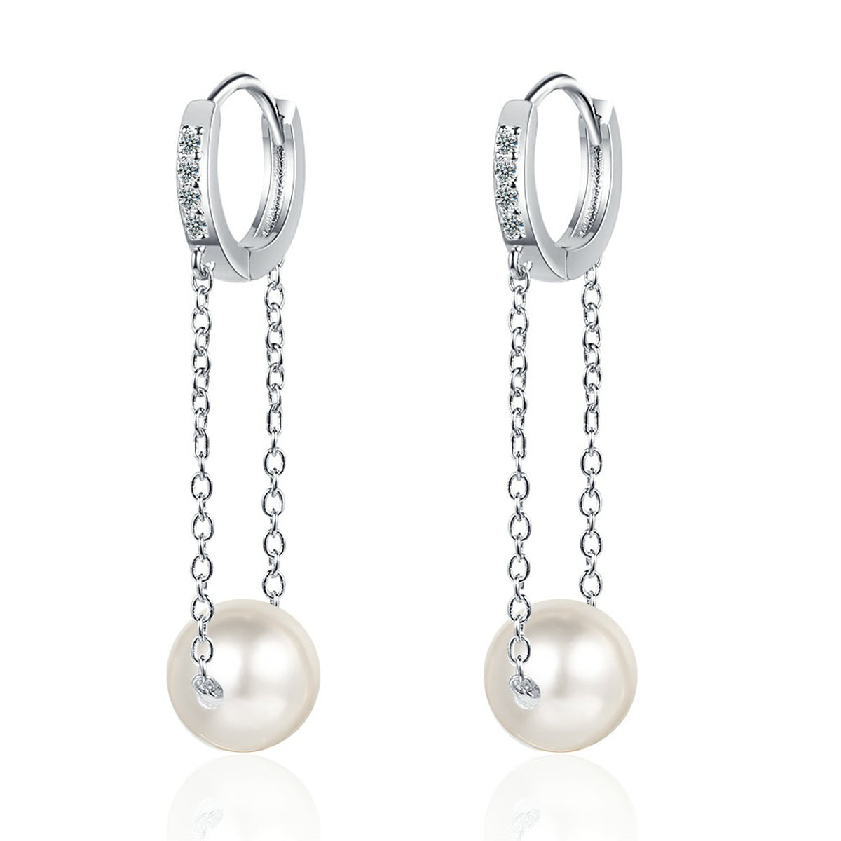Cubic Zirconia and Pearl Silver-Plated Chain Drop Huggie Earrings, silver huggie earrings, everyday style, side view