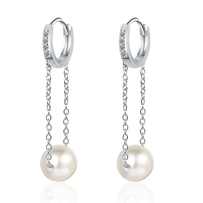 Cubic Zirconia and Pearl Silver-Plated Chain Drop Huggie Earrings, silver huggie earrings, everyday style, side view