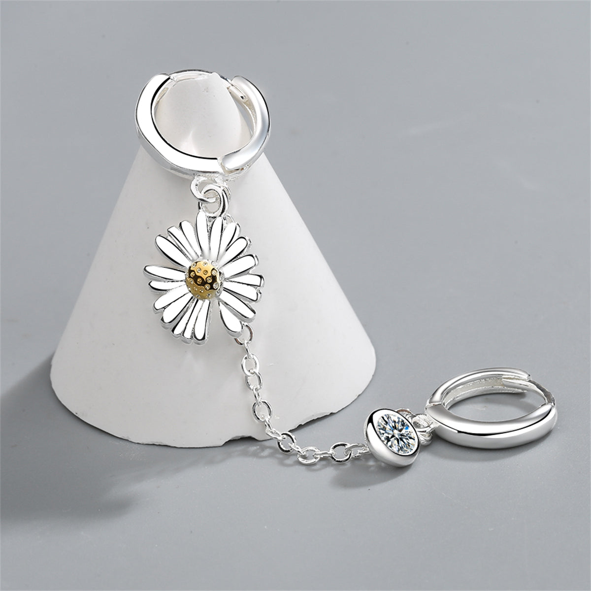Cubic Zirconia and Two-Tone Mum Chain Huggie Earring, huggie earrings, botanical inspired, detail close-up