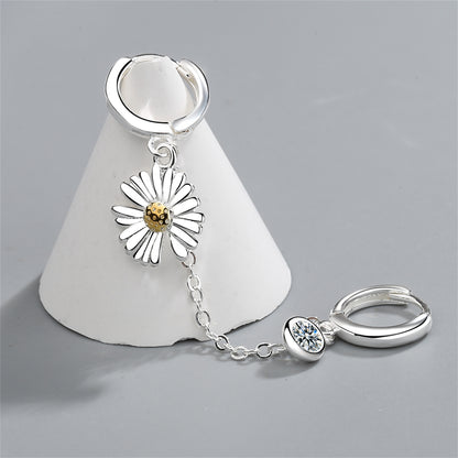 Cubic Zirconia and Two-Tone Mum Chain Huggie Earring, huggie earrings, botanical inspired, detail close-up