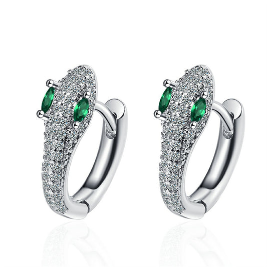 Green Crystal and Cubic Zirconia Silver-Plated Snake Huggie Earrings, silver huggie earrings, everyday style, front view