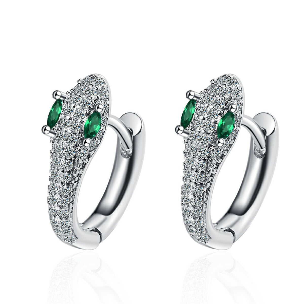 Green Crystal & Cubic Zirconia Silver-Plated Snake Huggie Earrings