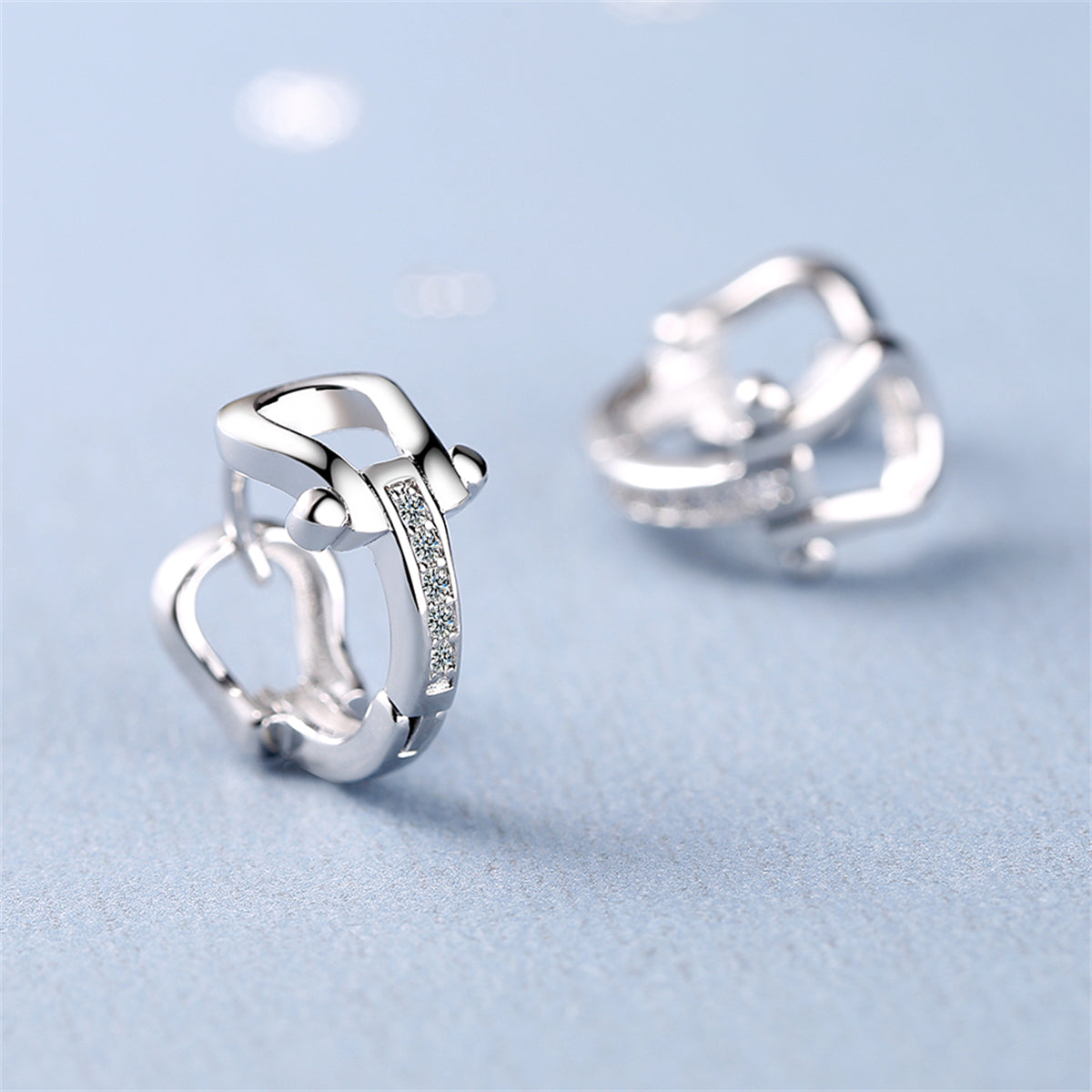 Cubic Zirconia and Silver-Plated Vachette Clasp Huggie Earrings, silver huggie earrings, elegant gift for her, side view