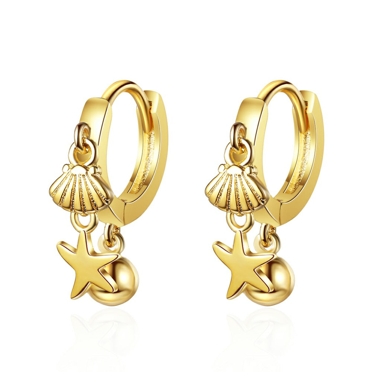 18K Gold-Plated Starfish Shell Charm Huggie Earring, gold huggie earrings, vintage-inspired design, styled look