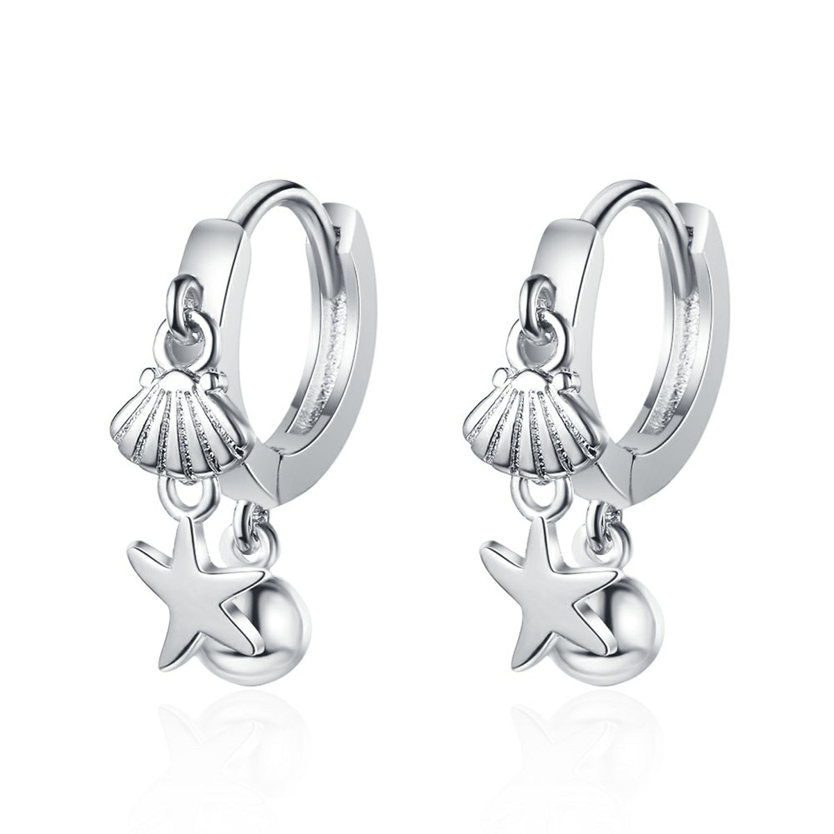 Silver-Plated Starfish Shell Charm Huggie Earring, silver huggie earrings, vintage-inspired design, front view