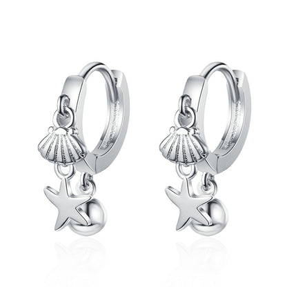 Silver-Plated Starfish Shell Charm Huggie Earring, silver huggie earrings, vintage-inspired design, front view