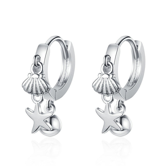 Silver-Plated Starfish Shell Charm Huggie Earring, silver huggie earrings, vintage-inspired design, front view