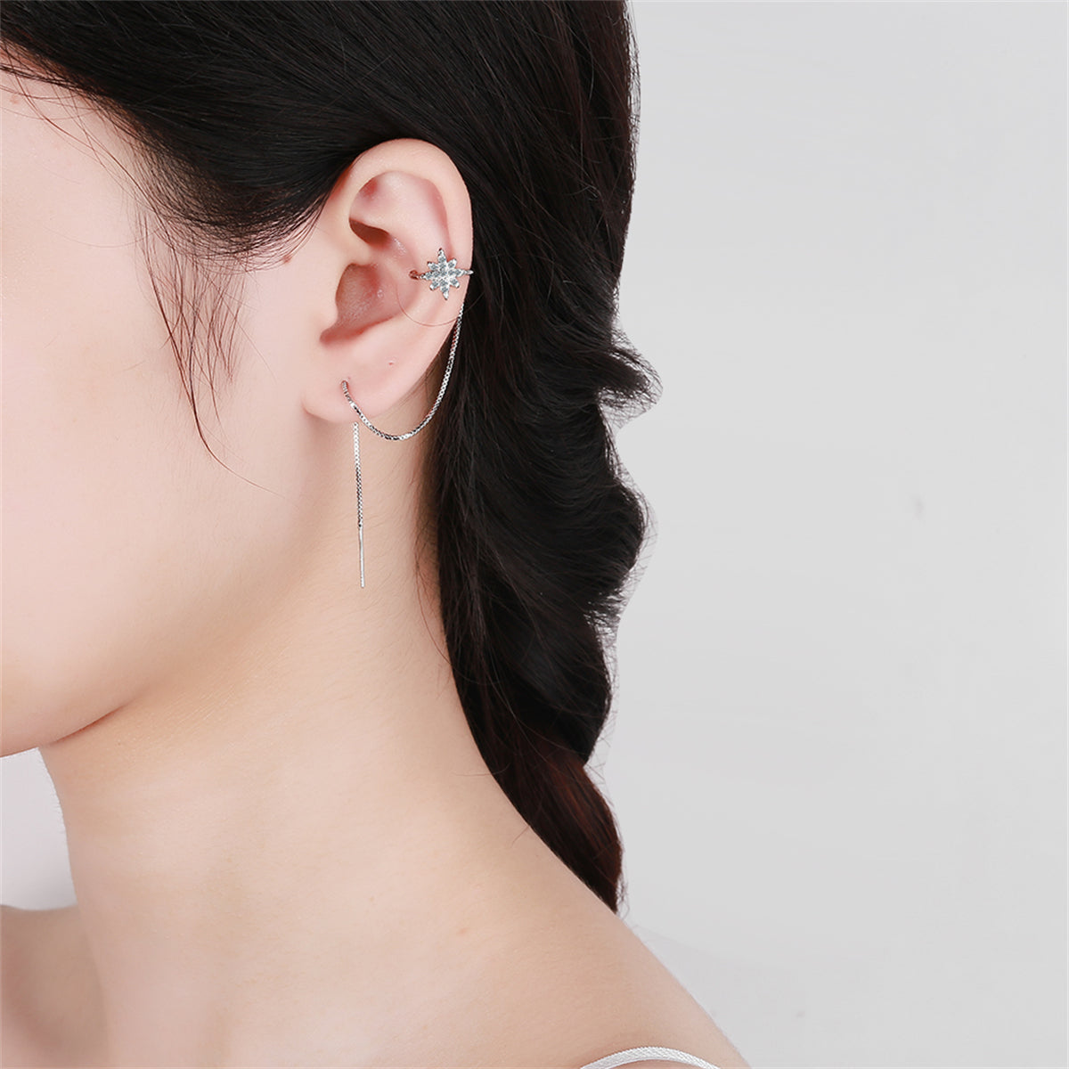 Cubic Zirconia and Silver-Plated Star Ear Cuff and Threader, silver drop earrings for women, front view