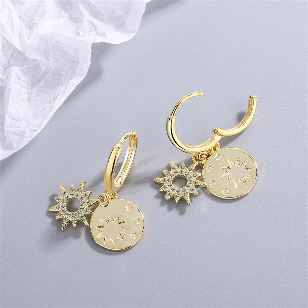 Cubic Zirconia and 18K Gold-Plated Sun Huggie Earrings, gold huggie earrings, dainty minimalist design, lifestyle look