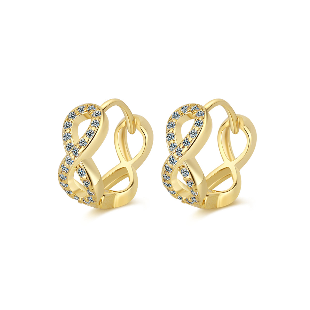 Cubic Zirconia and 18K Gold-Plated Infinity Huggie Earrings, gold huggie earrings, dainty minimalist design, styled look