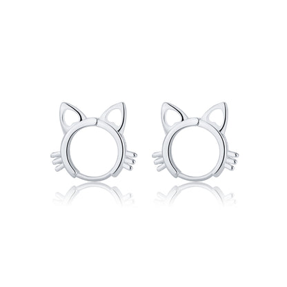 Silver-Plated Cat-Shape Huggie Earrings, silver huggie earrings, vintage-inspired design, front view