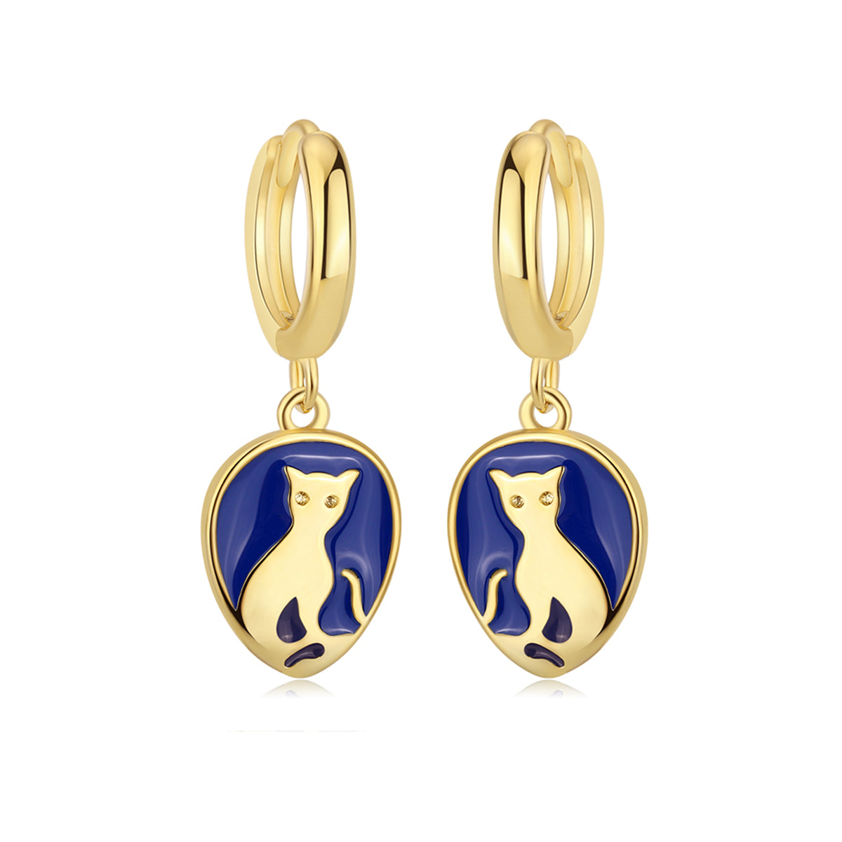 Blue Enamel and 18K Gold-Plated Cat Drop Earrings, gold drop earrings for women, everyday style, styled look