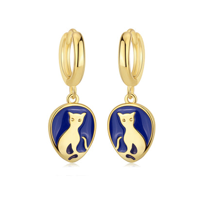 Blue Enamel and 18K Gold-Plated Cat Drop Earrings, gold drop earrings for women, everyday style, styled look