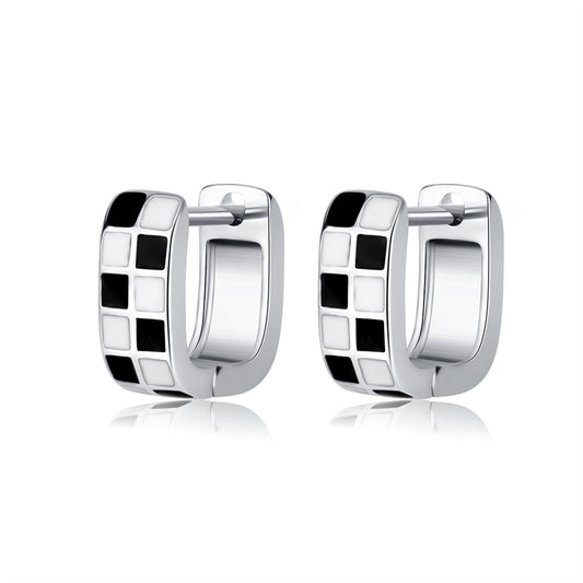 Black and White Checkerboard Square Huggie Earrings, huggie earrings, elegant gift for her, front view