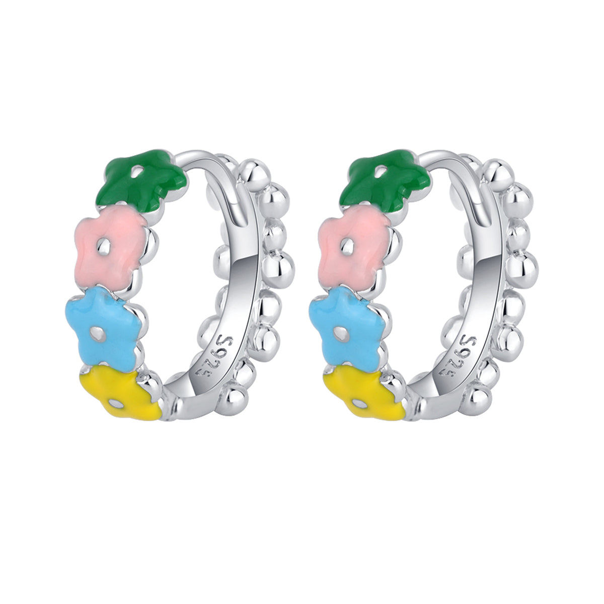 Pink and Yellow Enamel Silver-Plated Flower Huggie Earrings, silver huggie earrings, everyday style, front view