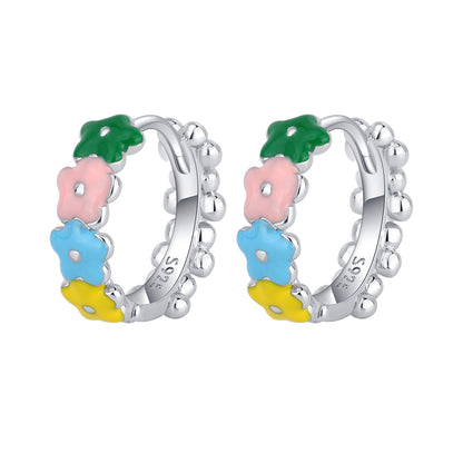 Pink and Yellow Enamel Silver-Plated Flower Huggie Earrings, silver huggie earrings, everyday style, front view