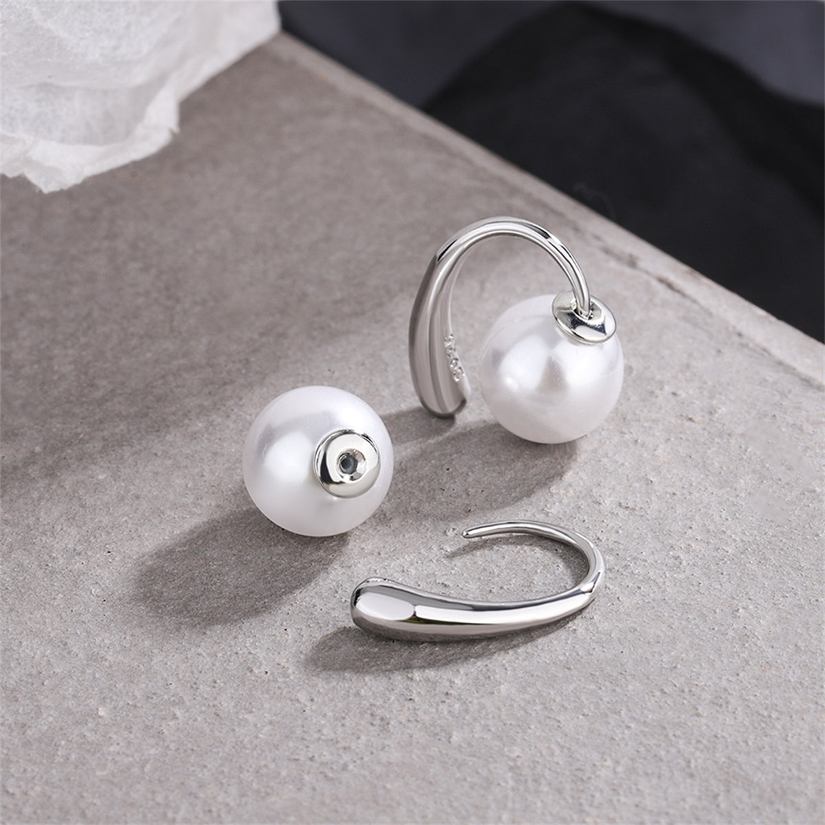 Pearl and Silver-Plated Ear Jackets, silver stud earrings for women, elegant gift for her, front view