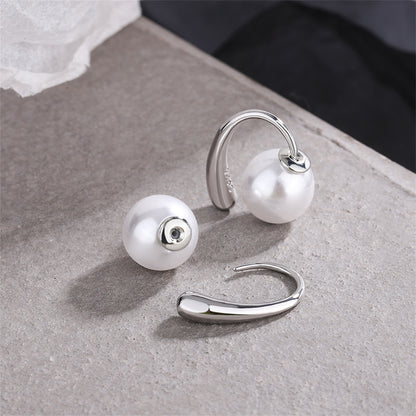Pearl and Silver-Plated Ear Jackets, silver stud earrings for women, elegant gift for her, front view