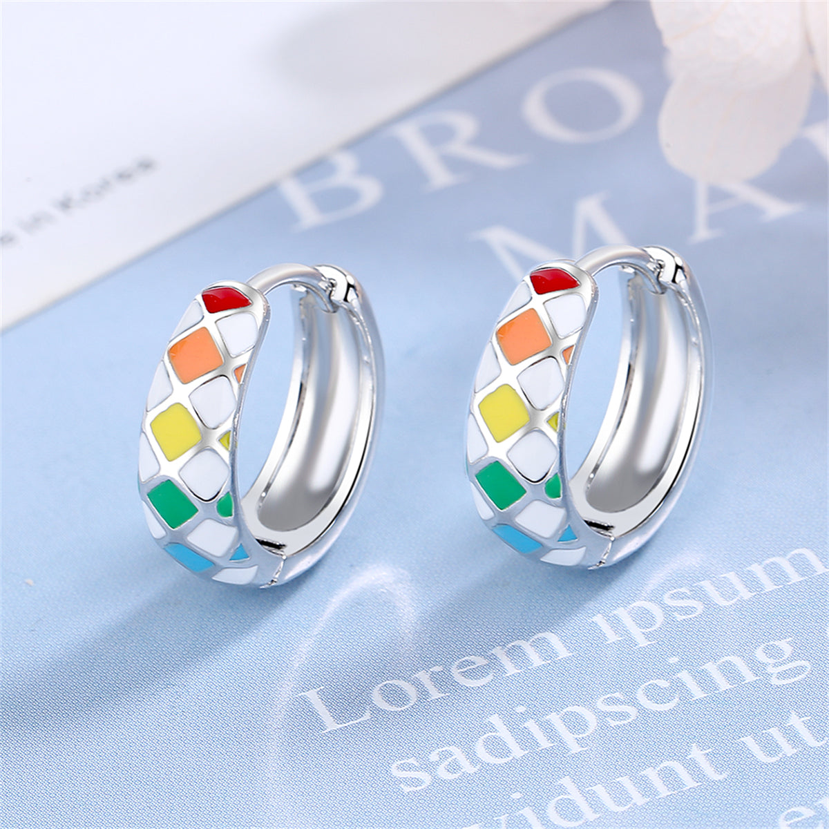 Yellow Enamel and Silver-Plated Geometric Huggie Earrings, silver huggie earrings, dainty minimalist design, front view