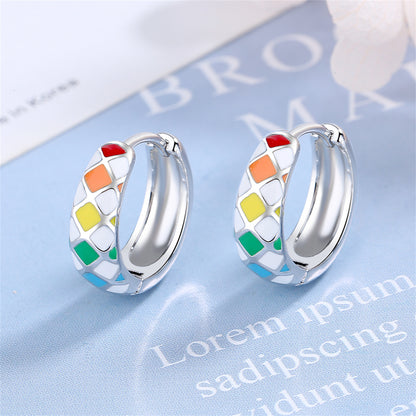 Yellow Enamel and Silver-Plated Geometric Huggie Earrings, silver huggie earrings, dainty minimalist design, front view