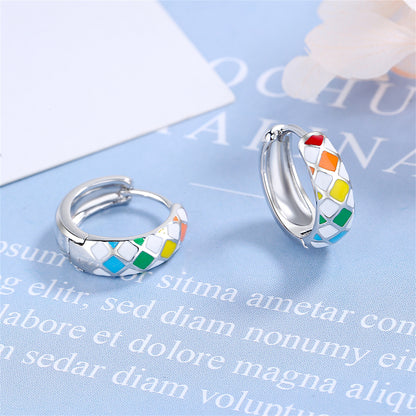 Yellow Enamel and Silver-Plated Geometric Huggie Earrings, silver huggie earrings, dainty minimalist design, side view