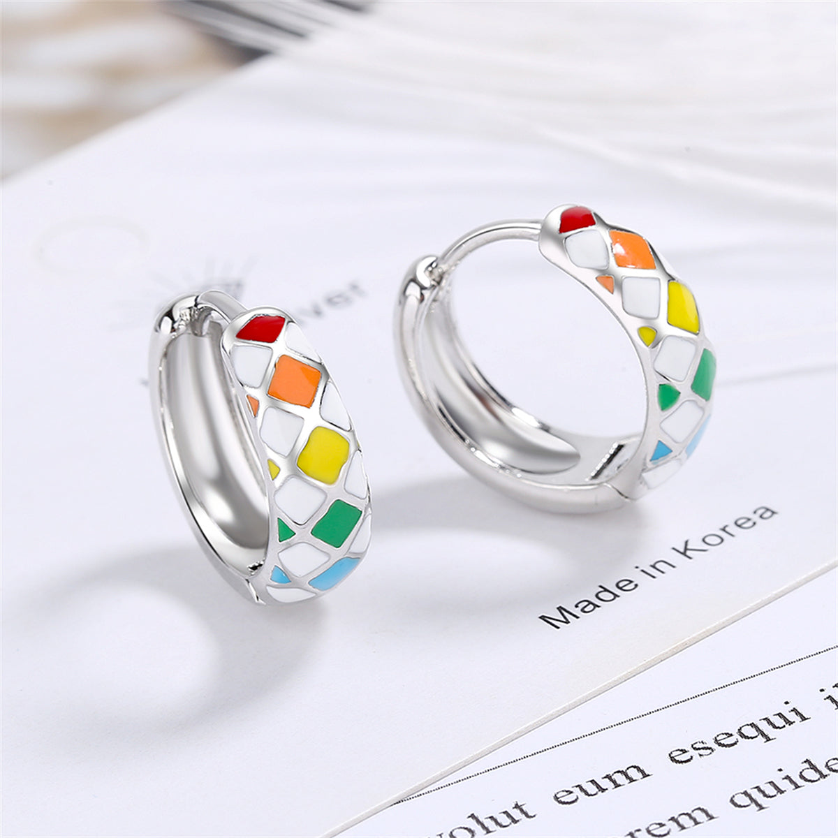 Yellow Enamel and Silver-Plated Geometric Huggie Earrings, silver huggie earrings, dainty minimalist design, detail close-up